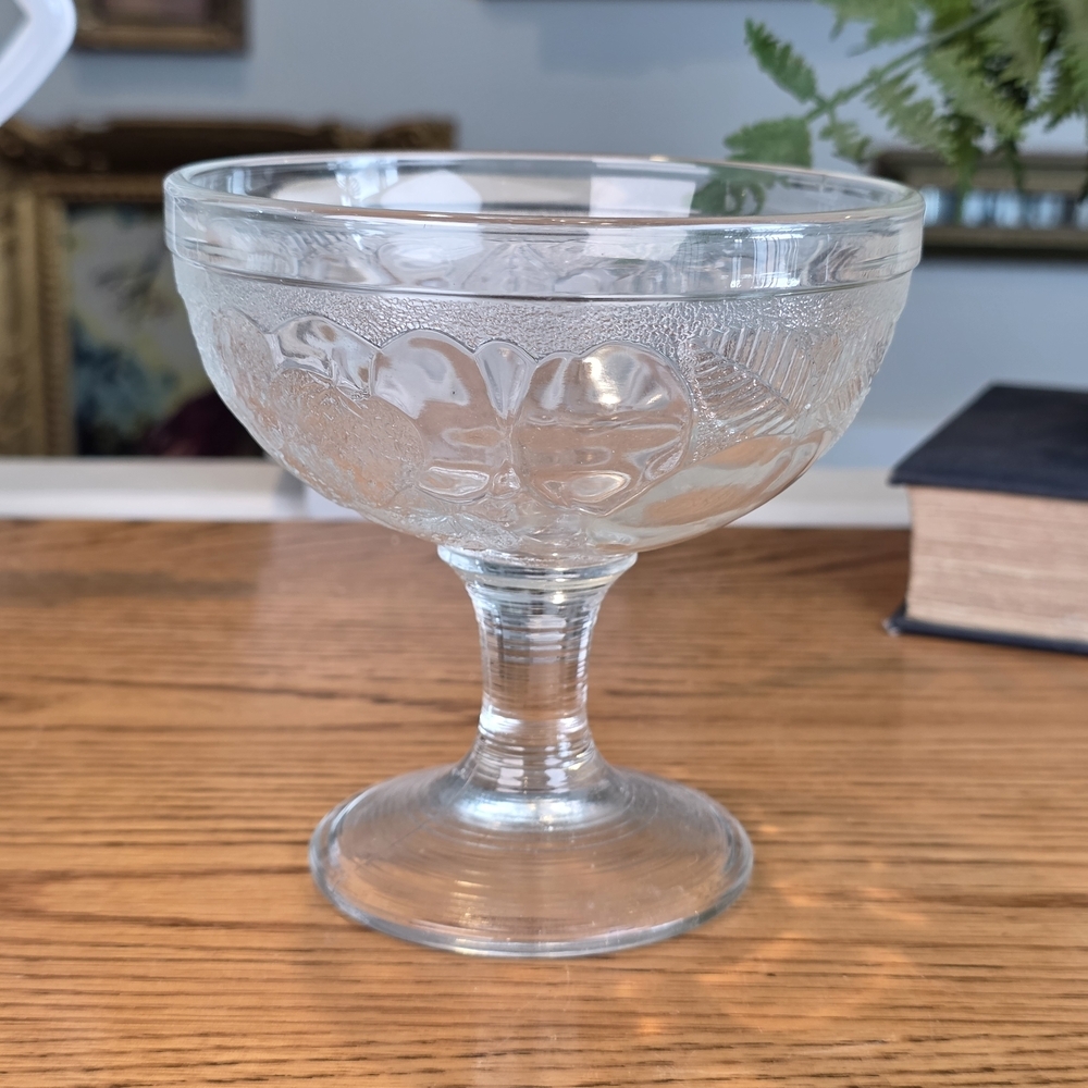 Vintage French Pressed Glass Fruit Embossed Dessert Bowl Footed Sherbet France
